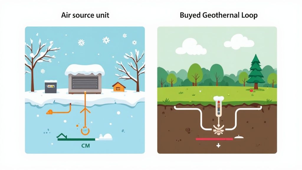 A geothermal system diagram showing pipes running from a house deep into the ground.