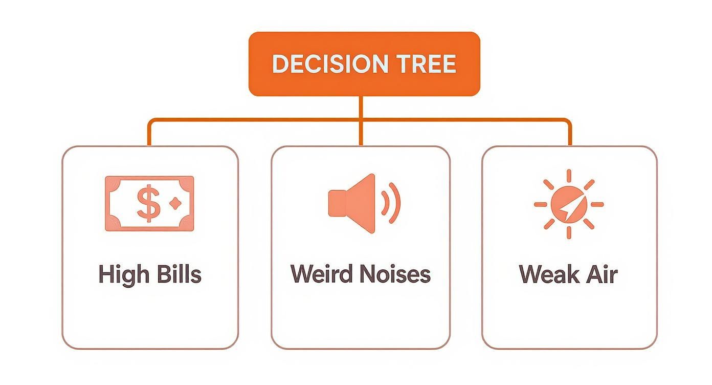 An infographic decision tree showing three common heat pump warning signs: high bills with a dollar icon, weird noises with a sound wave icon, and weak airflow with a wind icon.