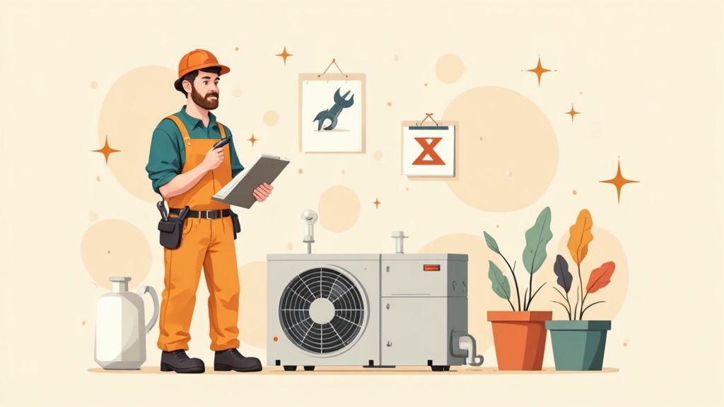 A certified technician inspects a heat pump unit outside a home.